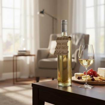 Handgefertigter Flaschenanhänger aus Birkenholz mit gelaserter Gravur zum Ruhestand, dekorativ an einer Weinflasche angebracht.